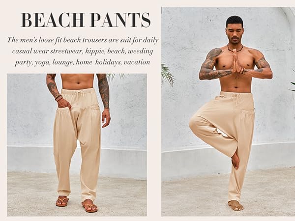 PASLTER Mens Casual Harem Pants Drawstring Elastic Waist Cotton Drop Crotch Beach Yoga Pants