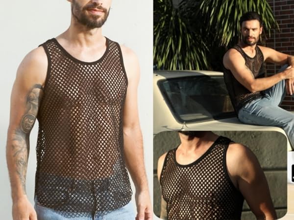  Sleeveless Fishnet Tank Top Mesh Sheer Undershirt Semi See Thru Workout Gym Slim Fitted Muscle Tee