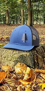 a pine tree trucker hat in a forest covered dry leaves surrounded by trees autumn season