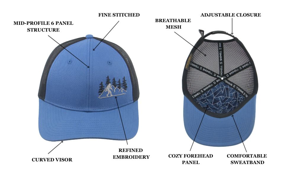 a blue trucker hat front and back side with specifications