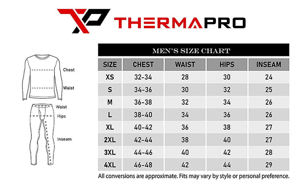 Therma Pro Men''s Thermal Set Size Chart