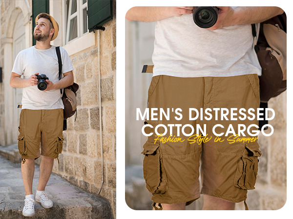 Men&#39;s Distressed Cotton Cargo Belted Shorts