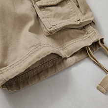 The mens work shorts  have an adjustable foot drawstring. cotton work shorts for men