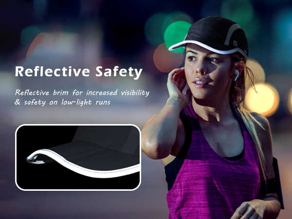 Reflective brim for increased visibility and safety on low-light runs.