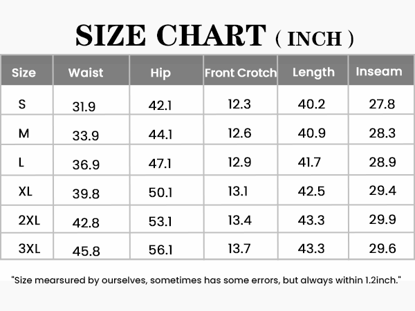 COOFANDY Expandable Waist Pants Size Chart