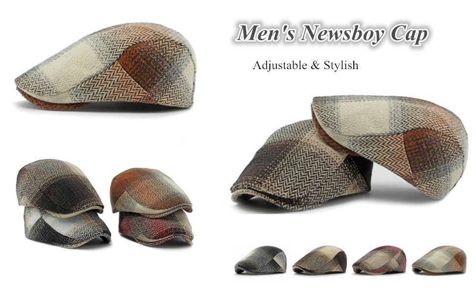 Adjustable Newsboy Cap for Men Wool Blend Tweed Ivy Gatsby Flat Cap Cabbie Beret Hat