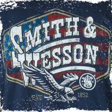 A Smith & Wesson logo on a graphic T-shirt. 