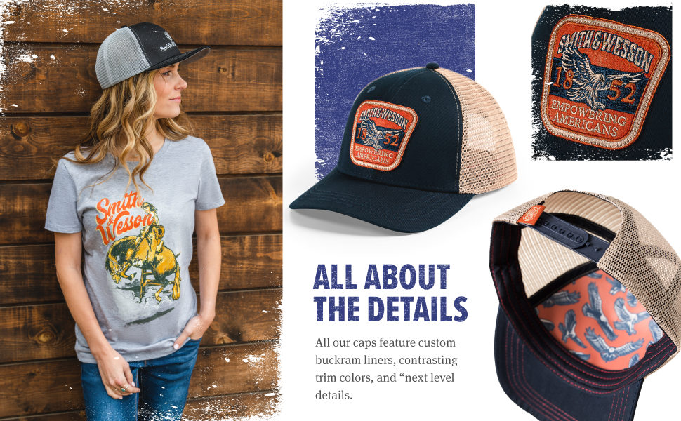 A woman in a cap and T-shirt next to three hats and caps. Text reads: All about the details.