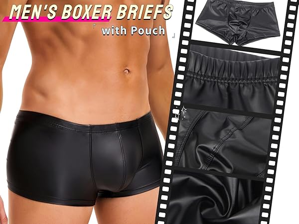 ohyeah sexy faux leather boxer underwear briefs with pouch low rise underwear black leather shorts