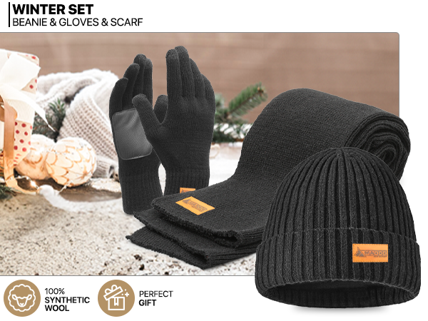 Winter Warm Knit Synthetic Wool Beanie Hat Scarf Touchscreen Gloves Set