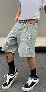 Mens Strings Wide Leg Jean Shorts