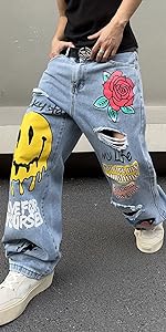 Mens Funny Graphic Wide Leg Ripped Jeans