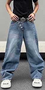 Mens Slanted Button Fly Oversized Wide Leg Jeans Baggy Straight Leg Denim Pants