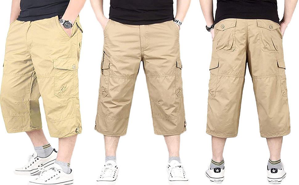 Men''s Casual Twill Elastic Ripstop Cargo Shorts Below Knee Loose Fit Multi-Pocket Capri Long Shorts