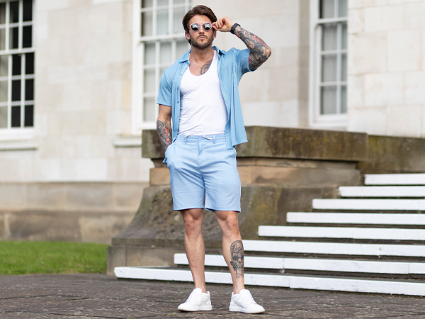 blue linen shorts