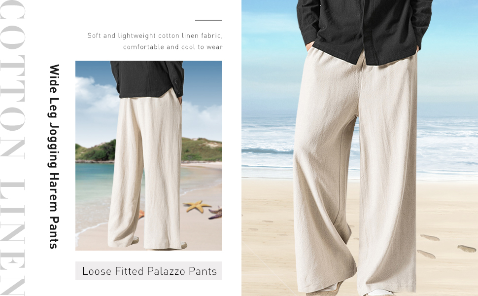 Flygo Men''s Casual Elastic Waist Summer Beach Wide Leg Linen Pants