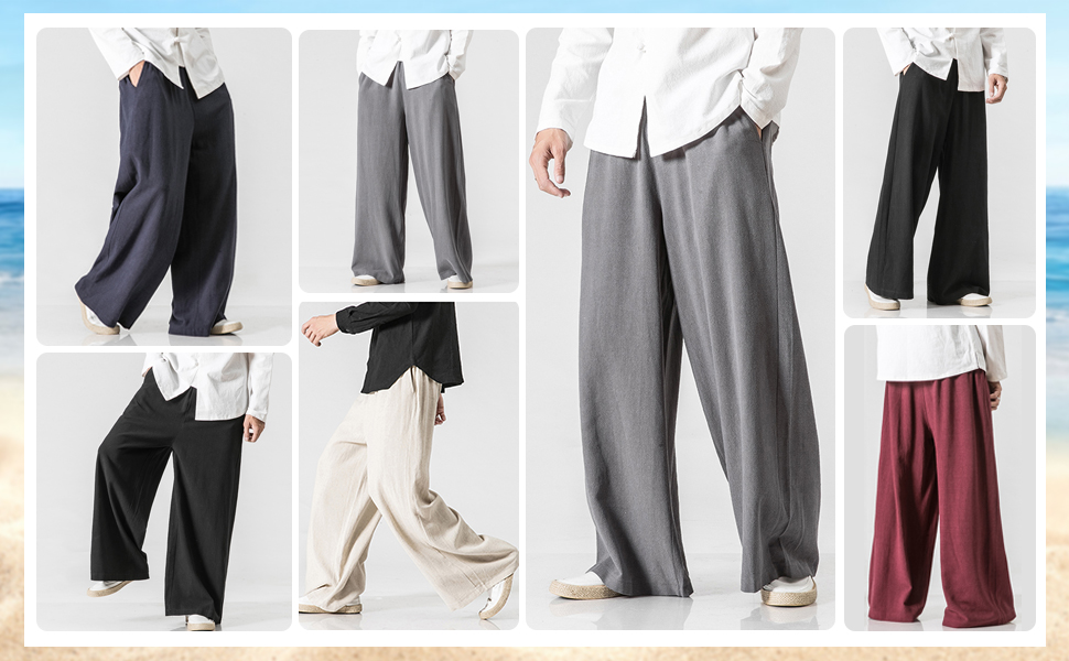 Mens Straight Leg Cotton Linen Palazzo Dress Pants