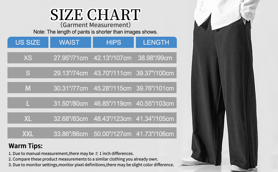 SIZE CHART for Men Casual Cotton Linen Wide Leg Pants