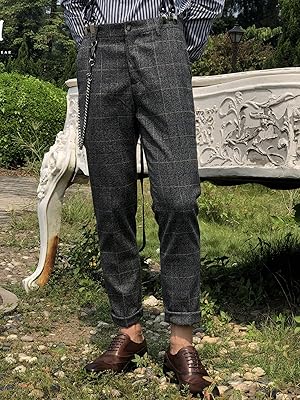 Men&#39;s Dress Pants Tweed Plaid Classic Fit Siut Separates Slim Stylish Wool Casual Business