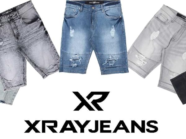 X RAY men''s patched distressed denim shorts frayed hem slim fit stretch rips jean short for men