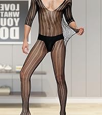 comeondear Mens Lingerie Sissy Clothes for Men Fishnet Bodystocking Mesh Striped Bodysuit One Piece