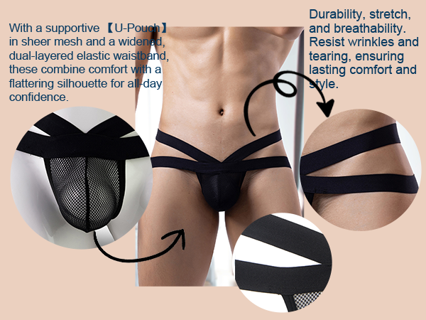 Men''s Jockstrap Underwear Sheer Thong G-String with Pouch Low Rise Athletic Supporters