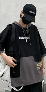 Hooded T-shirt Loose Large Pockets Color Block Hoodie Streetwear T-shirt