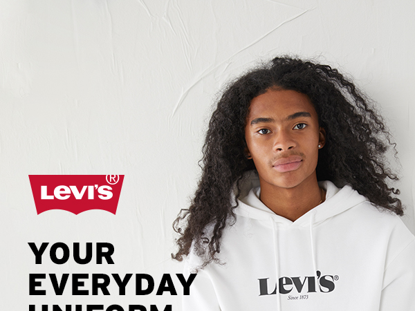 black male model in a white levi''s hooded sweatshirt