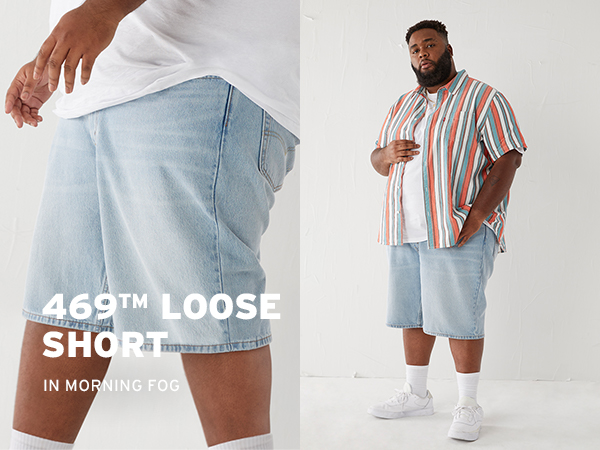 big and tall male model in light wash loose shorts