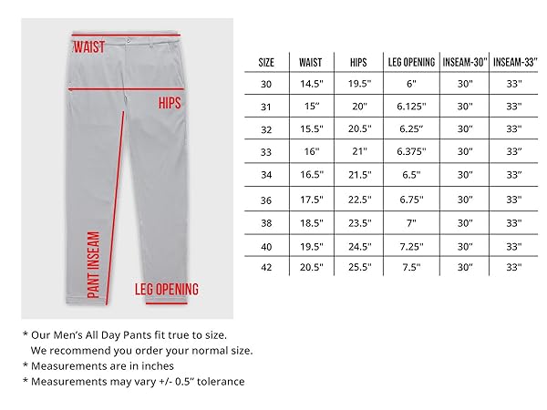 INTO THE AM All Day Pants for Men Size Chart