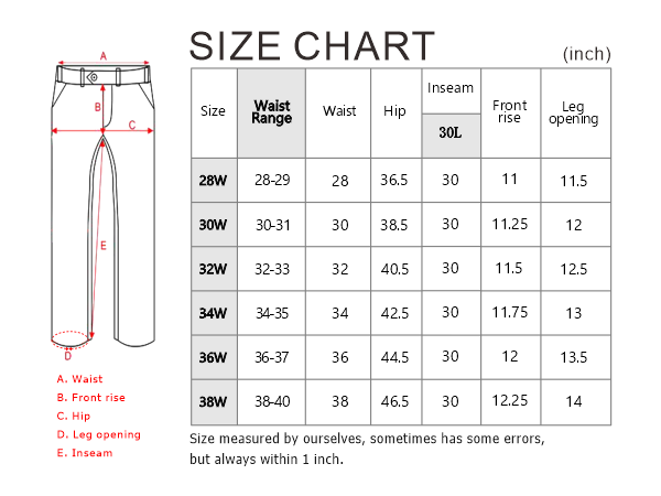 dress pant size chart