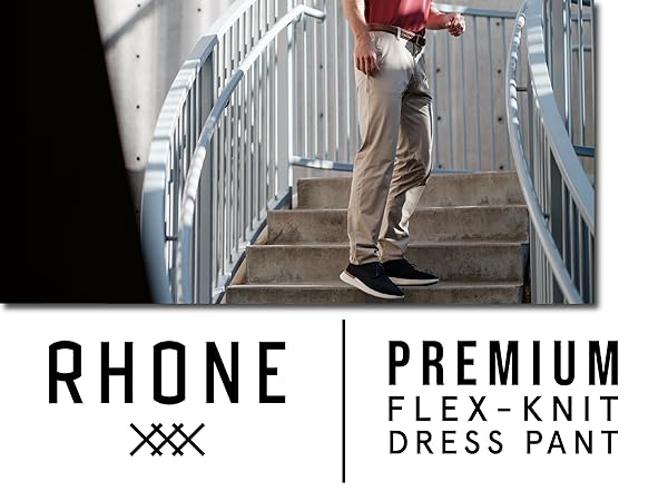 Stylish Man wearing Rhone Mens Commuter Dress Pants made with flex-knit fabric and wrinkle resistant