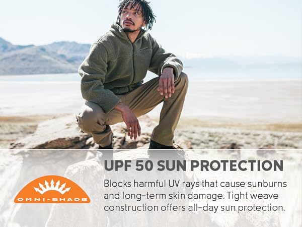 UPF-50 sun protection, UVA and UVB blocking Omni-Shield