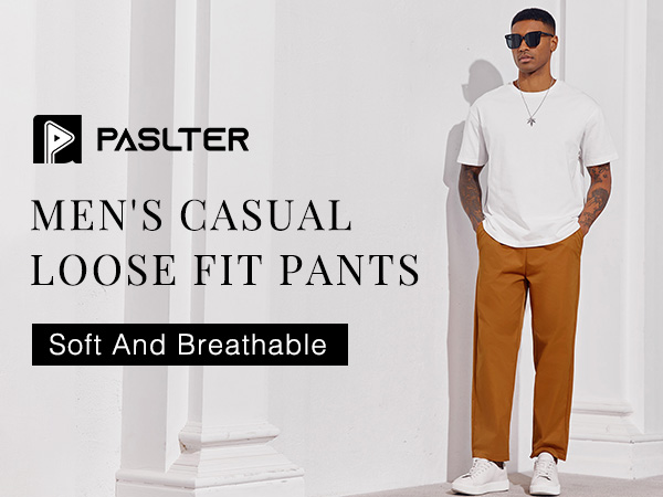 PASLTER Mens Casual Pants Elastic Waist Drawstring Loose Fit Cropped Pants with Pockets