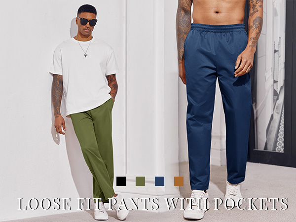 PASLTER Mens Casual Pants Elastic Waist Drawstring Loose Fit Cropped Pants with Pockets