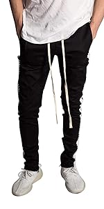 KDNK Men''s Tapered Skinny Fit Stretch Drawstring Ankle Zip Striped Track Pants