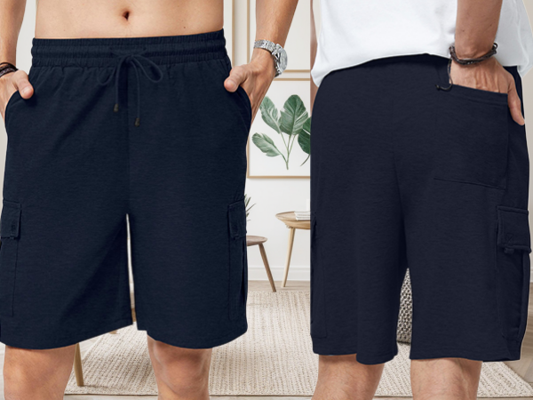 Mens Casual Sweat Cargo Cotton Shorts Drawstring Elastic Waist Shorts with 5 Pockets