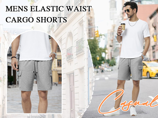 3rd hill Mens Casual Sweat Cargo Cotton Shorts Drawstring Elastic Waist Shorts with 5 Pockets