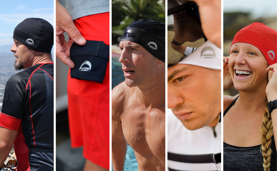 Five image collage of people wearing Chrome Dome Caps for biking, swimming, and jogging.