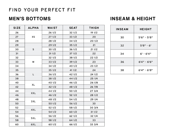 Men''s bottoms. Inseam & Height