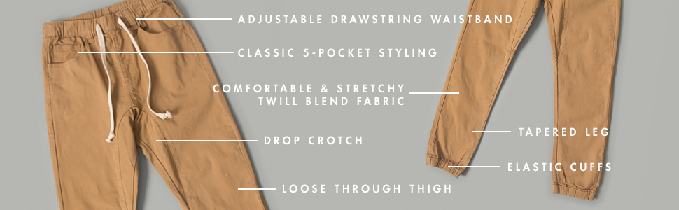 adjustable drawstring 5 pocket classic drop crotch tapered leg elastic cuffs twill fabric