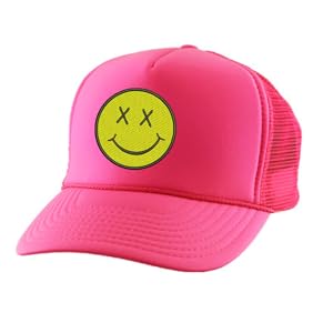 Neon pink smiley face trucker hat