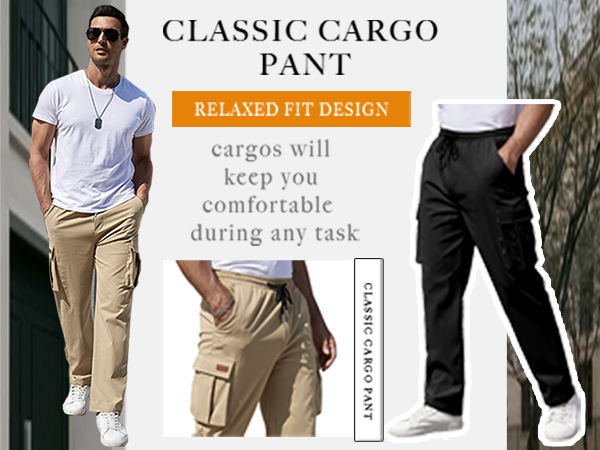 TROBOY Mens Cargo Pants Drawstring Relaxed Fit Pants