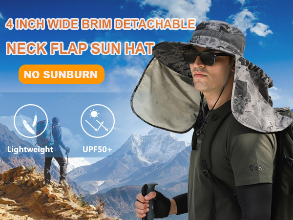 Men Women Large Brim Sun Hat detachable Neck Flap Quick Dry lightweight UPF50+ outdoor activities