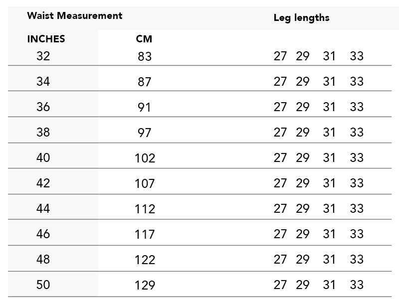 Size guide in measurements