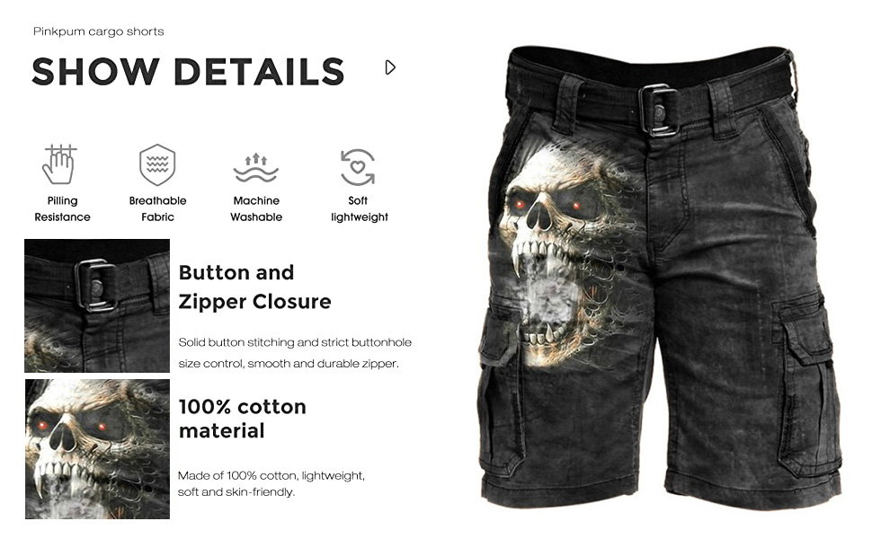 Cargo Shorts for Men Casual Outdoor Multi-Pocket Skull Print Shorts Lightweight Short Pants