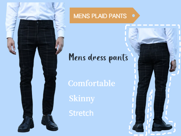 plaid pants for men dress chino business work office skinny stretch flat-front casual black fashion