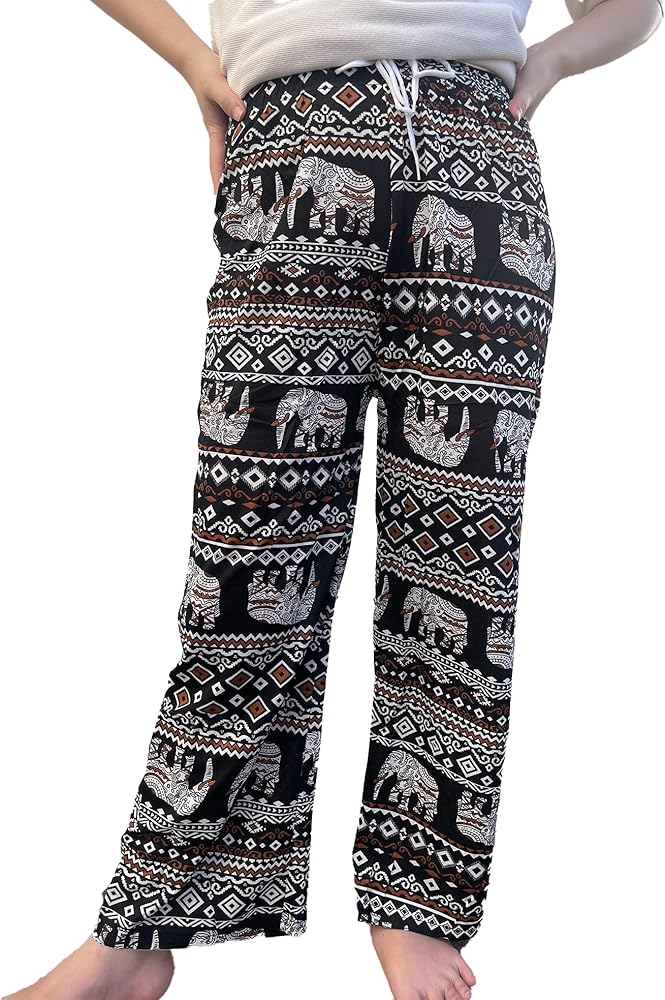 Trendy Thai Elephant Trousers - Elastic Waist with Drawstring - Women Animal Print Pants