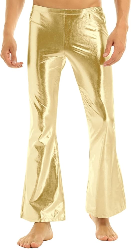 Men's Shiny Metallic 70s Vintage Disco Pants Bell Bottom Flared Dude Long Pants Trousers