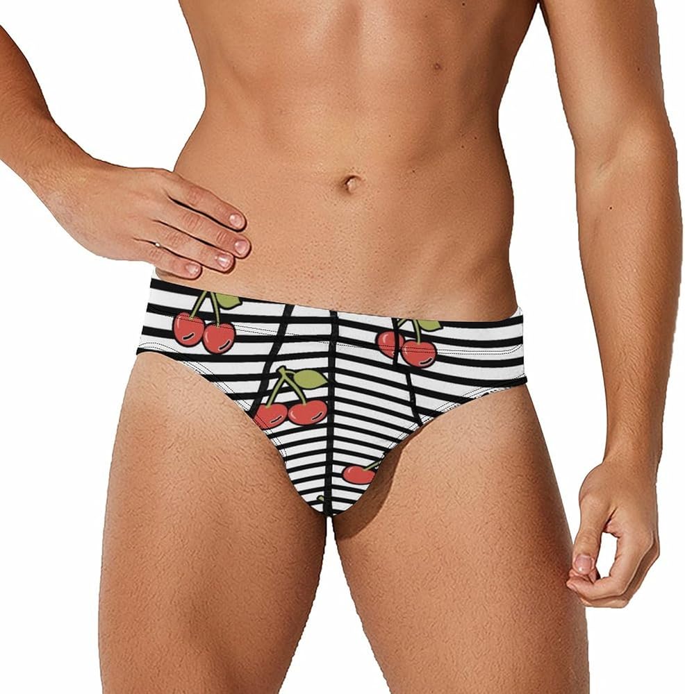 Cherry And Stripes Breathable Mens Underwear Soft Briefs Lightweight Low Rise Panties